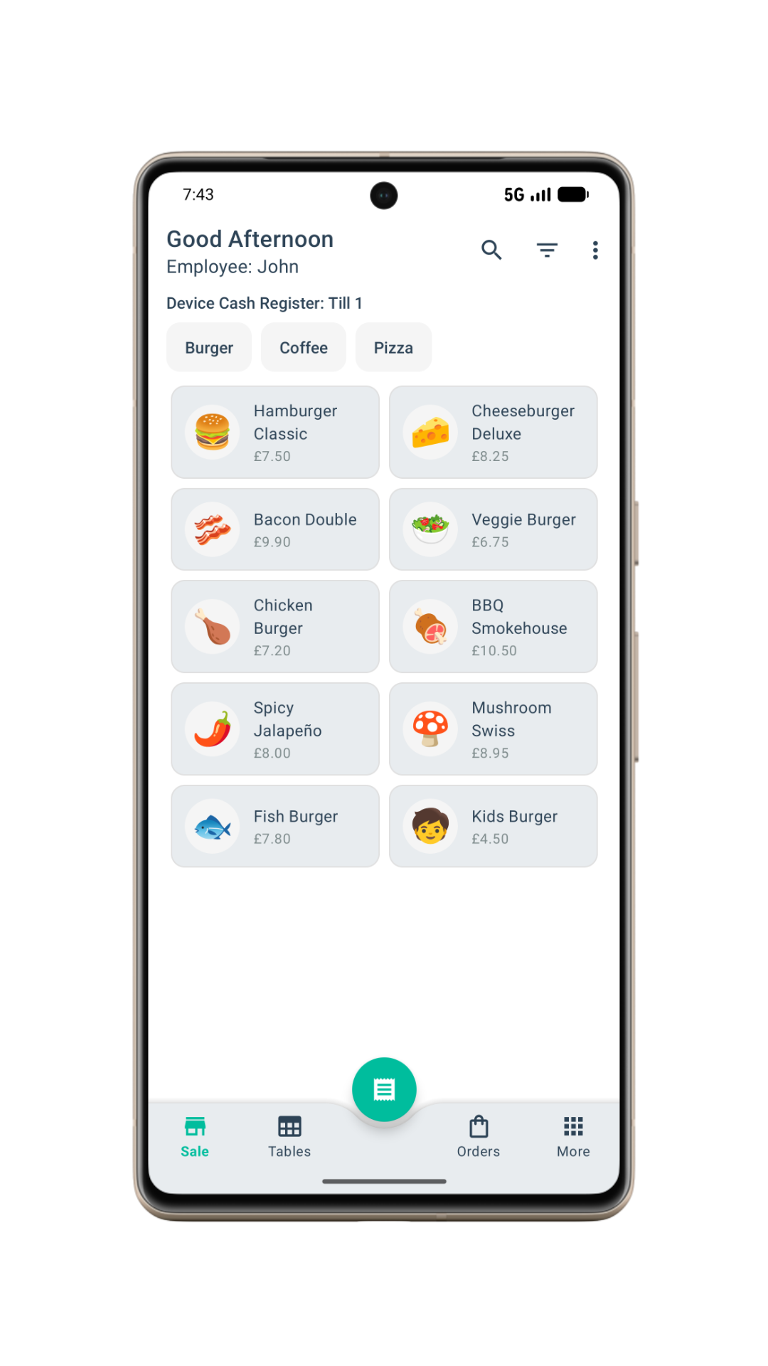 Entrline POS app showing a sample menu